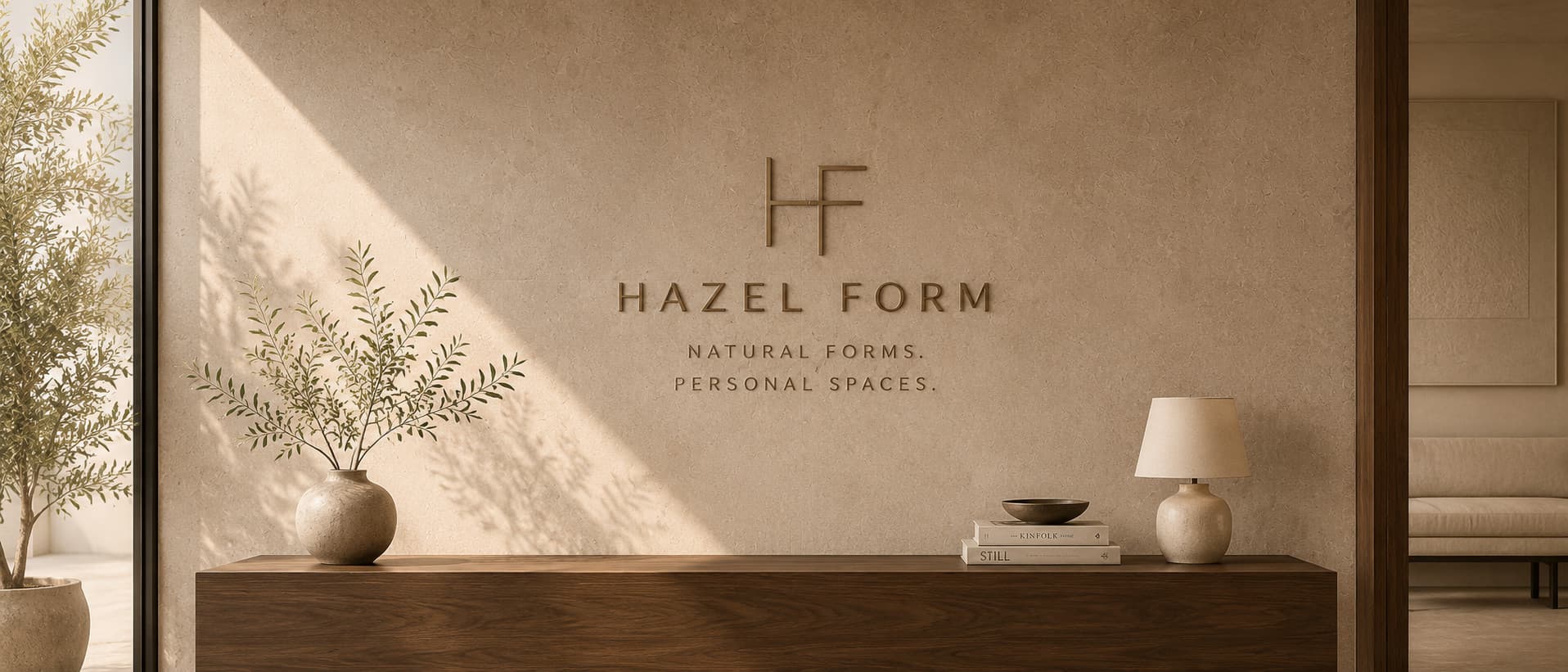 Hazel Form logo on a travertine wall with a walnut console