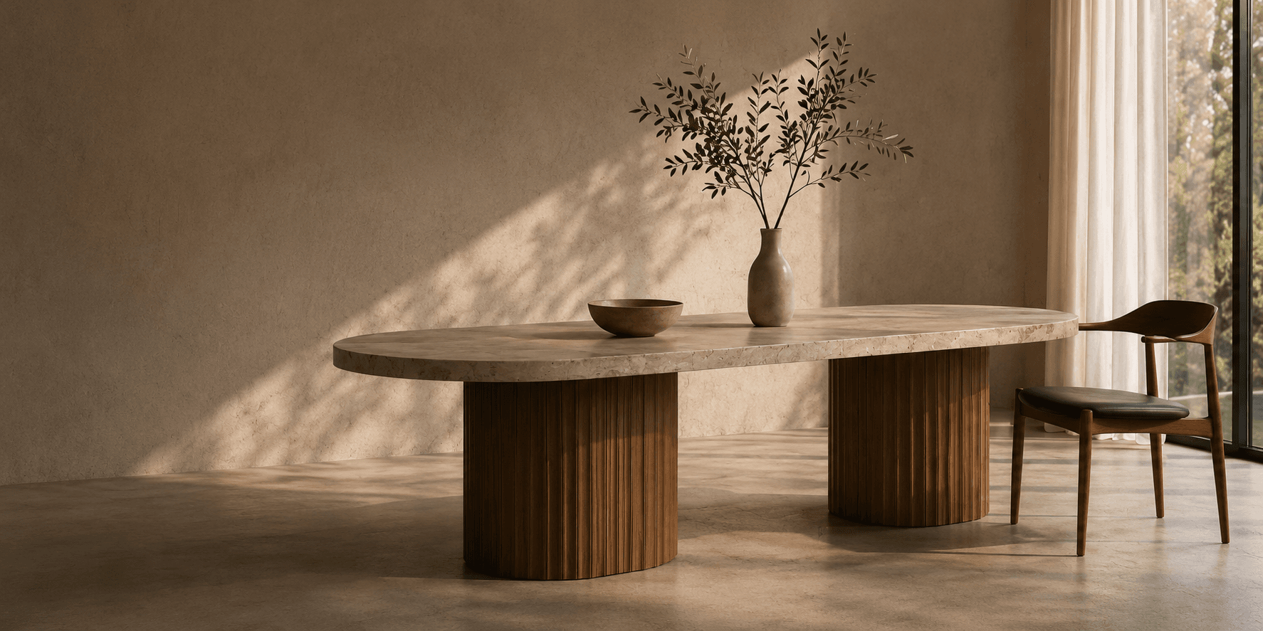 A fluted pedestal dining table in a warm, sunlit room