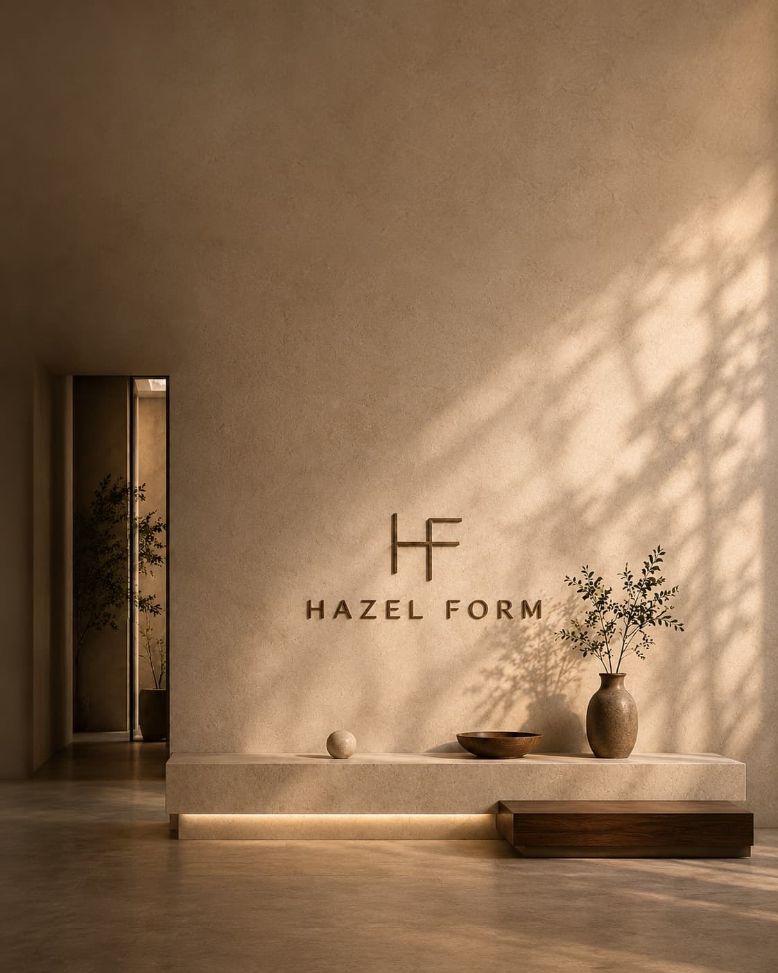 Hazel Form signage on a sunlit travertine wall in a calm, minimal interior