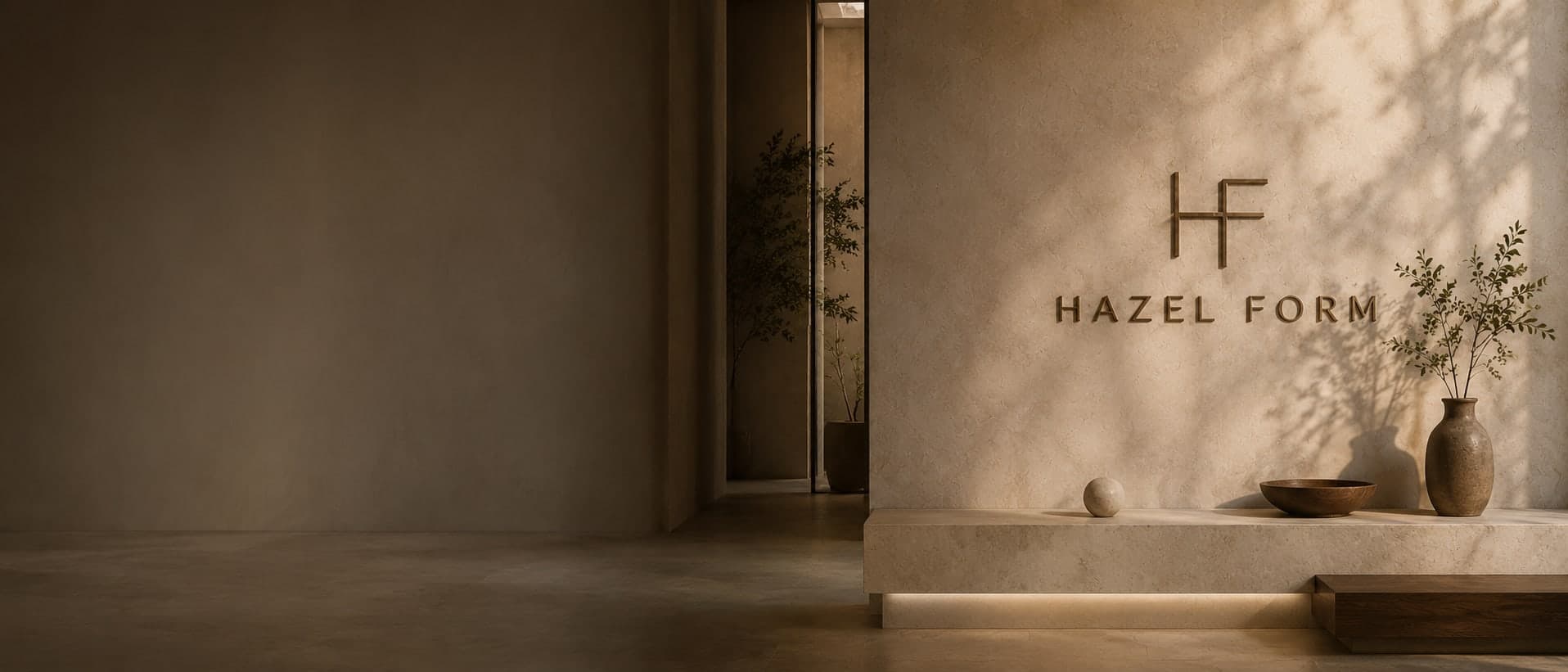 Hazel Form signage on a sunlit travertine wall in a calm, minimal interior