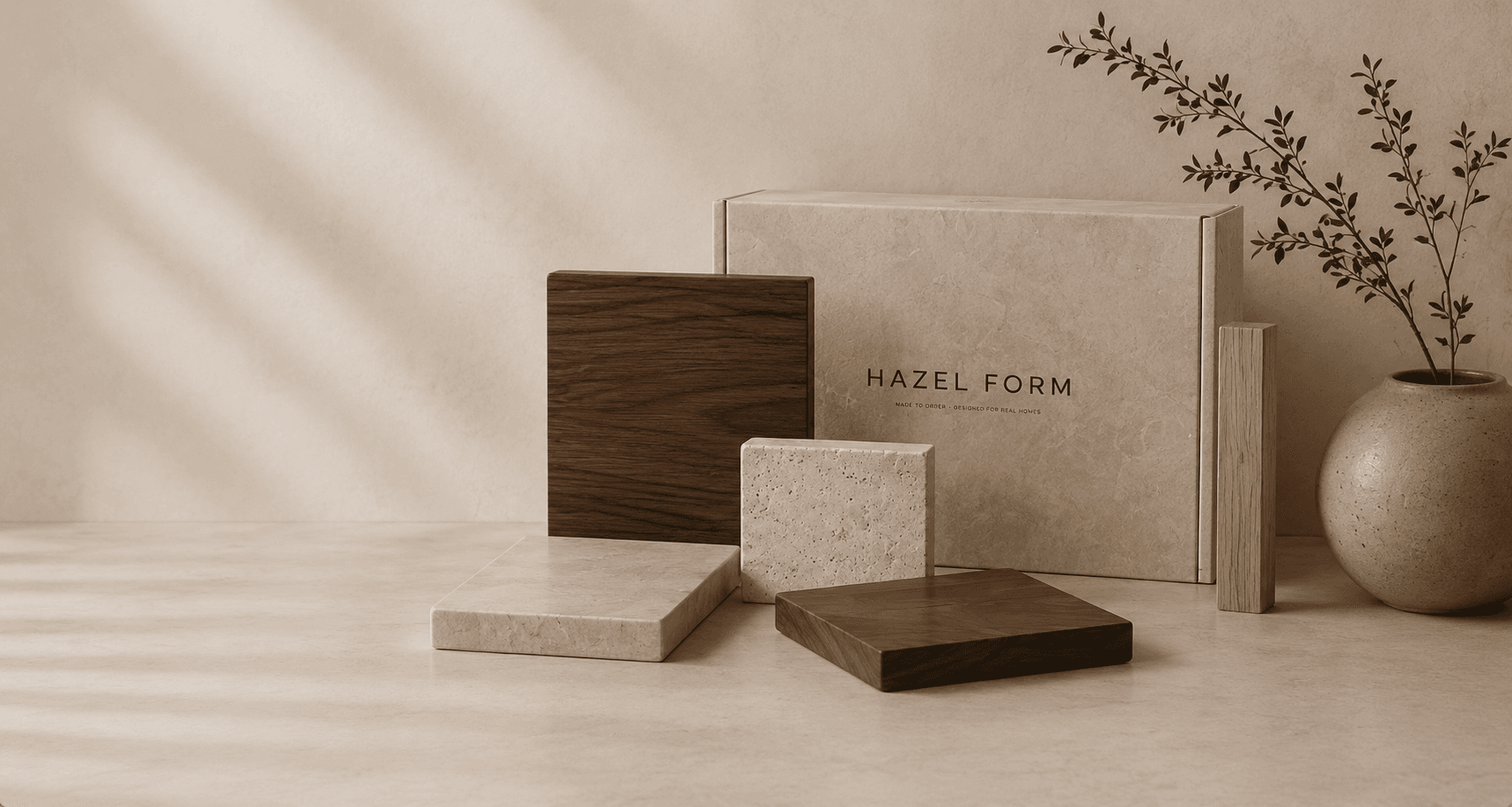 Hazel Form Materialmusterbox mit Stein- und Holzmustern