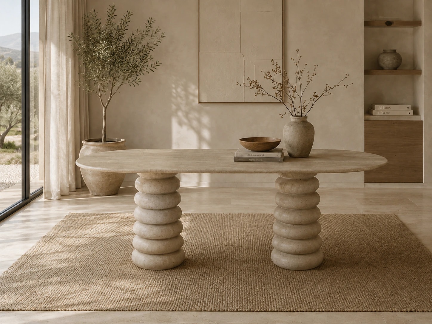 Oval C 200cm · Traverten Taş Yemek Masası (Halka Kaide)