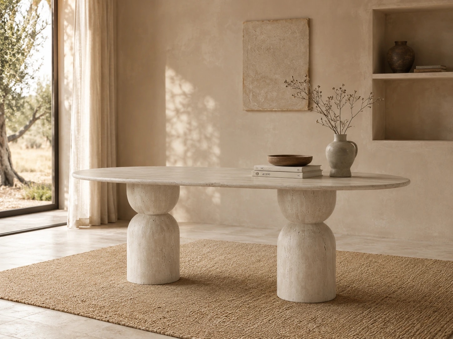 Oval C 190cm · Travertine Stone Dining Table (Sphere Pedestal)